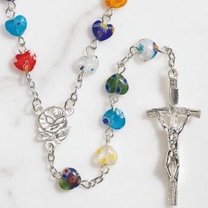 NWOT Multi Colored Heart Rosary With Rosary Case
